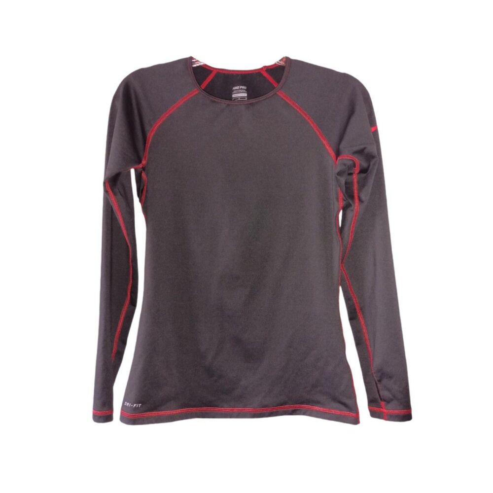 Nike Pro Gray with Orange Stitch Long-Sleeve Top Size M Run Walk Workout Sport